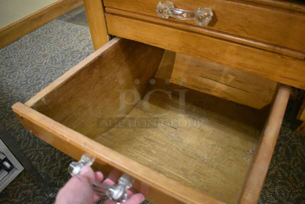 Wooden Table w/ 2 Cabinets and 4 Drawers. 48x25.5x78. (gift shop) - Image 8 of 9