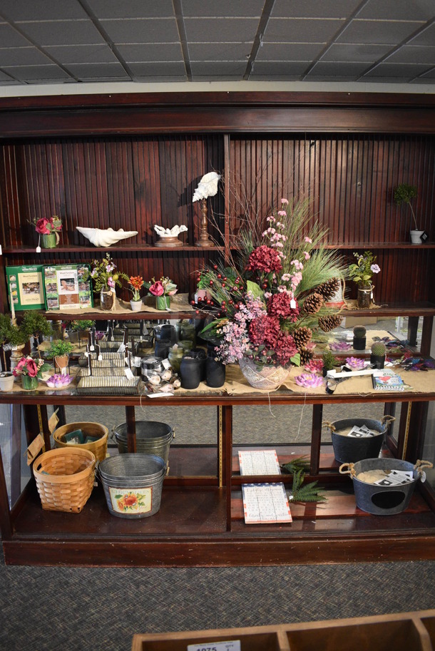 Wooden Cabinet w/ Contents Including Fake Plant, Metal Buckets. BUYER MUST REMOVE. 97.5x24x97. (garden center)