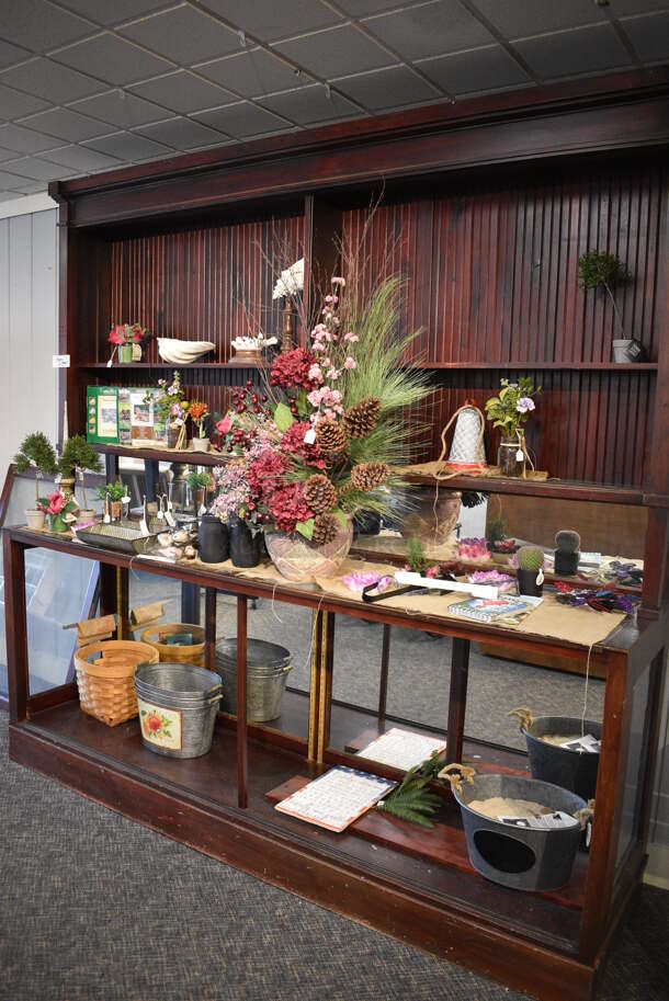 Wooden Cabinet w/ Contents Including Fake Plant, Metal Buckets. BUYER MUST REMOVE. 97.5x24x97. (garden center) - Image 2 of 9