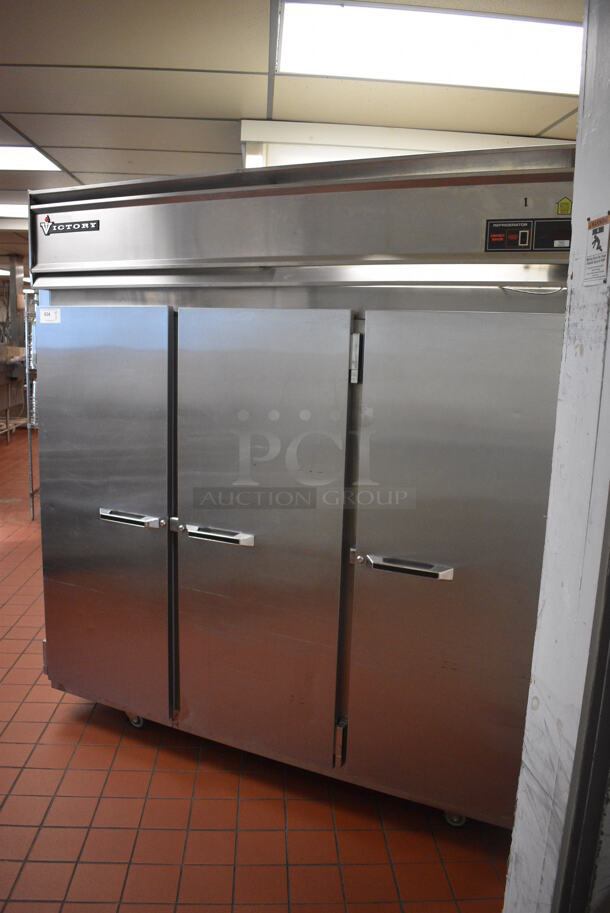 Victory Stainless Steel Commercial 3 Door Reach In Cooler w/ Poly Coated Racks on Commercial Casters. 78x36x82.5. Unit Was In Working Condition When Restaurant Closed. (drop in bin kitchen) - Image 3 of 8