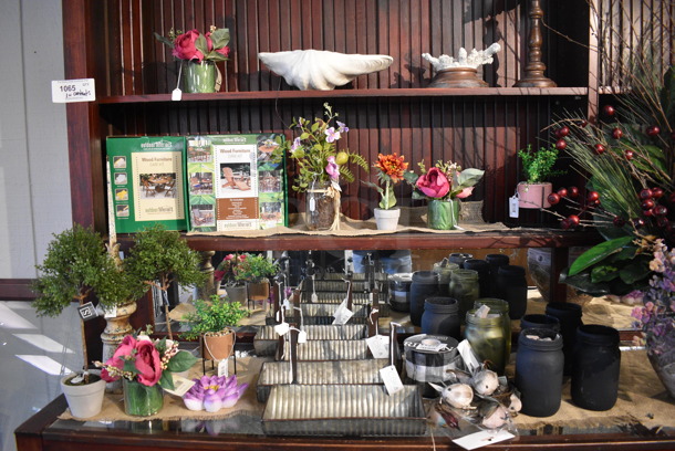Wooden Cabinet w/ Contents Including Fake Plant, Metal Buckets. BUYER MUST REMOVE. 97.5x24x97. (garden center) - Image 6 of 9
