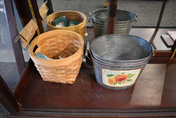 Wooden Cabinet w/ Contents Including Fake Plant, Metal Buckets. BUYER MUST REMOVE. 97.5x24x97. (garden center) - Image 7 of 9