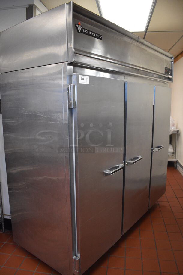 Victory Stainless Steel Commercial 3 Door Reach In Cooler w/ Poly Coated Racks on Commercial Casters. 78x36x82.5. Unit Was In Working Condition When Restaurant Closed. (drop in bin kitchen) - Image 8 of 8