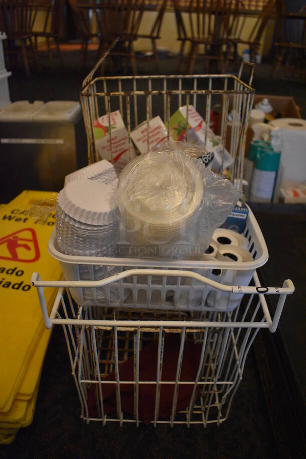 ALL ONE MONEY! Lot of Various Items Including Receipt Printer Rolls and Toothpicks in White Wire Bin! 11x21x14. (main dining room) - Image 1 of 4