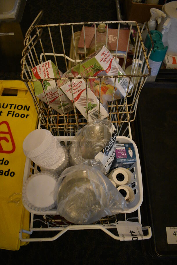 ALL ONE MONEY! Lot of Various Items Including Receipt Printer Rolls and Toothpicks in White Wire Bin! 11x21x14. (main dining room) - Image 3 of 4