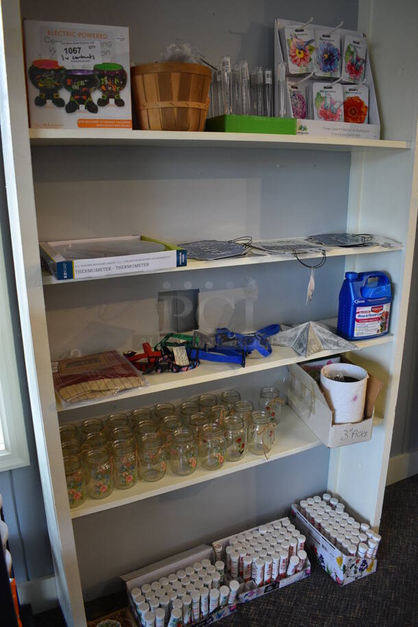 ALL ONE MONEY! Shelf Lot of Various Items Including Glass Jars, Signs and Lined Valance. BUYER MUST REMOVE. (garden center) - Image 2 of 10