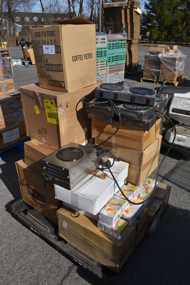 ALL ONE MONEY! Pallet Lot of Various Items Including Bunn Stainless Steel 2 Burner Coffee Pot Warmers, Coffee Filters and Paper Products. (warehouse)