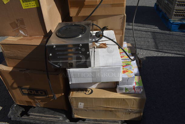 ALL ONE MONEY! Pallet Lot of Various Items Including Bunn Stainless Steel 2 Burner Coffee Pot Warmers, Coffee Filters and Paper Products. (warehouse) - Image 4 of 5