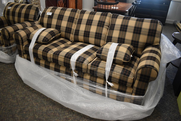 BRAND NEW! Lancer Tan and Black Patterned Plaid Couch w/ 2 Pillows. 84x35x37. (garden center) - Image 2 of 5