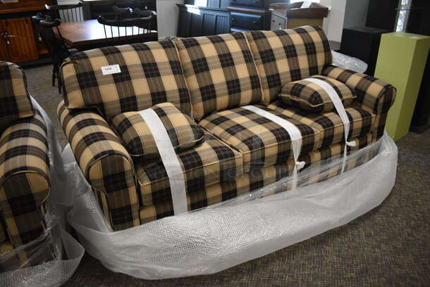 BRAND NEW! Lancer Tan and Black Patterned Plaid Couch w/ 2 Pillows. 84x35x37. (garden center) - Image 3 of 5