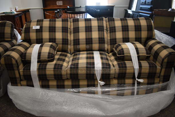 BRAND NEW! Lancer Tan and Black Patterned Plaid Couch w/ 2 Pillows. 84x35x37. (garden center) - Image 4 of 5