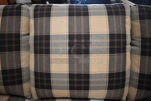 BRAND NEW! Lancer Tan and Black Patterned Plaid Couch w/ 2 Pillows. 84x35x37. (garden center) - Image 5 of 5