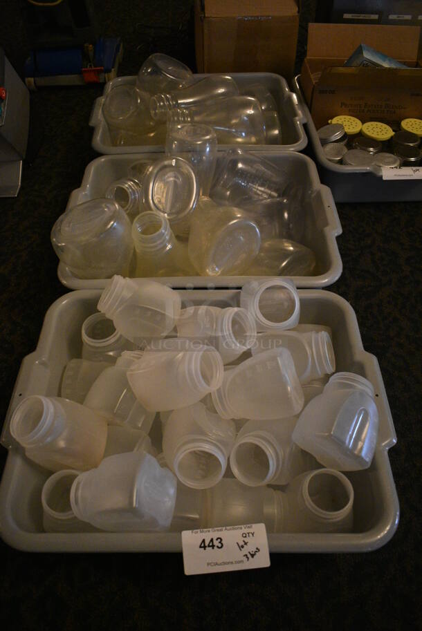 ALL ONE MONEY! Lot of 3 Bins of Various Clear Poly Containers in 3 Gray Bus Bins! 5x4x9, 3.5x3x4.5. (main dining room)
