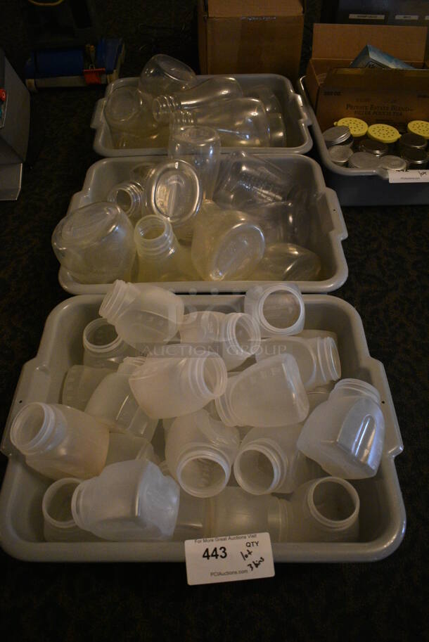 ALL ONE MONEY! Lot of 3 Bins of Various Clear Poly Containers in 3 Gray Bus Bins! 5x4x9, 3.5x3x4.5. (main dining room) - Image 1 of 4