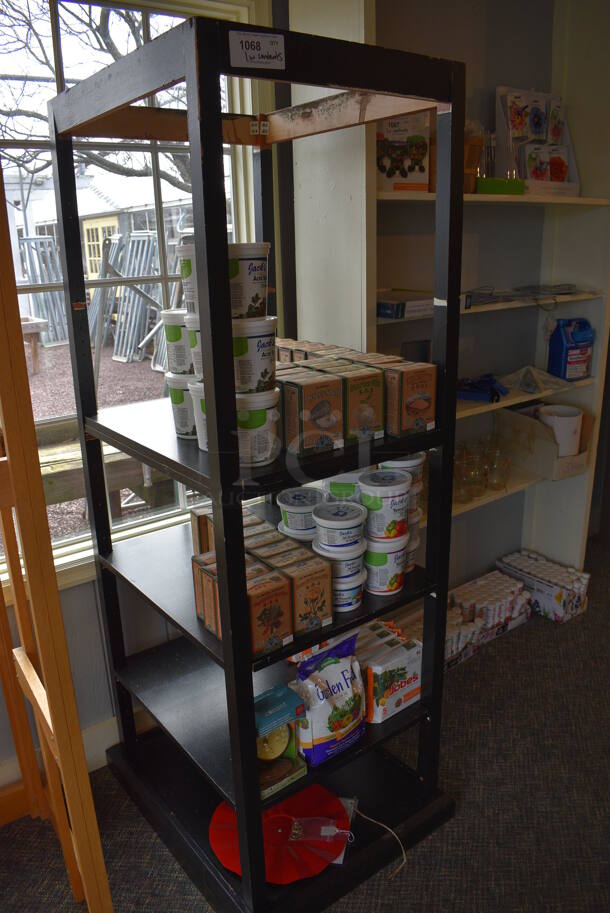 Black Wooden Shelving Unit w/ Contents Including Fertilizer Spikes and Vegetable Garden Fertilizer. BUYER MUST REMOVE. (garden center) - Image 2 of 9