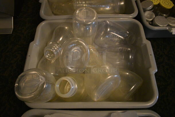 ALL ONE MONEY! Lot of 3 Bins of Various Clear Poly Containers in 3 Gray Bus Bins! 5x4x9, 3.5x3x4.5. (main dining room) - Image 3 of 4