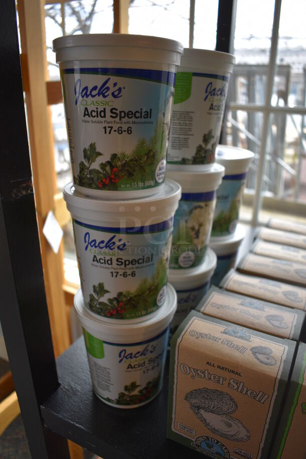 Black Wooden Shelving Unit w/ Contents Including Fertilizer Spikes and Vegetable Garden Fertilizer. BUYER MUST REMOVE. (garden center) - Image 9 of 9