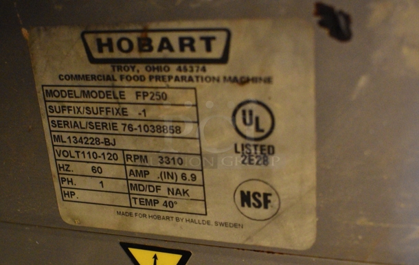 Hobart Model FP250 Metal Commercial Countertop Food Processor. 110-120 Volts, 1 Phase. 11x21x26. Unit Was In Working Condition When Restaurant Closed.  (main dining room) - Image 6 of 8
