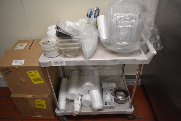 ALL ONE MONEY! Lot of White Poly 2 Tier Cart w/ Push Handle and Various Paper Products on Commercial Casters. 21x33x35. (drop in bin kitchen)