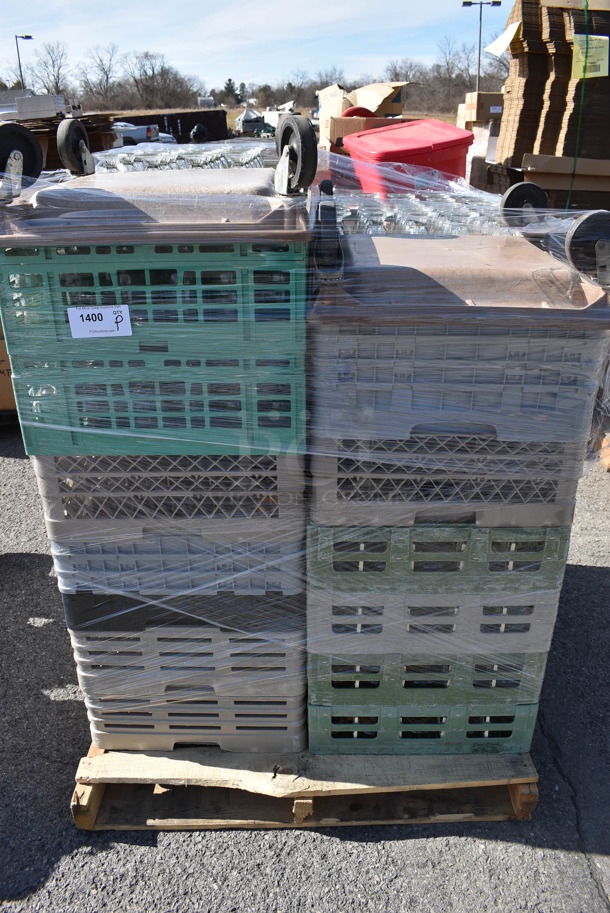 ALL ONE MONEY! Pallet Lot of Various Items Including Dish Caddies of Glasses and Dish Caddy Dollies. (warehouse)