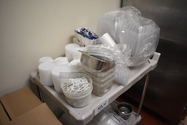 ALL ONE MONEY! Lot of White Poly 2 Tier Cart w/ Push Handle and Various Paper Products on Commercial Casters. 21x33x35. (drop in bin kitchen) - Image 2 of 6