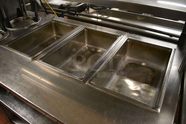 Stainless Steel Commercial Electric Powered 3 Bay Steam Table w/ 2 Plate Return Chutes, Double Over Shelf, 2 Warming Strips and Under Shelf on Commercial Casters. 63x44x64.5. Unit Was In Working Condition When Restaurant Closed. (kitchen) - Image 3 of 8