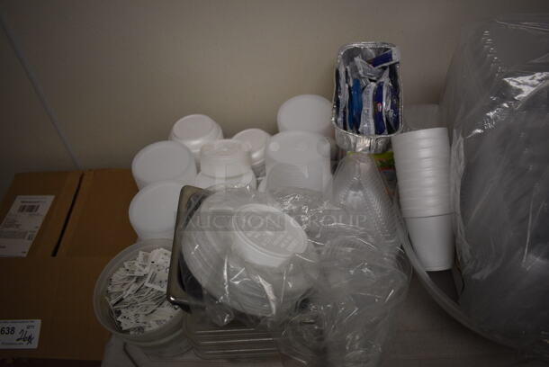 ALL ONE MONEY! Lot of White Poly 2 Tier Cart w/ Push Handle and Various Paper Products on Commercial Casters. 21x33x35. (drop in bin kitchen) - Image 3 of 6