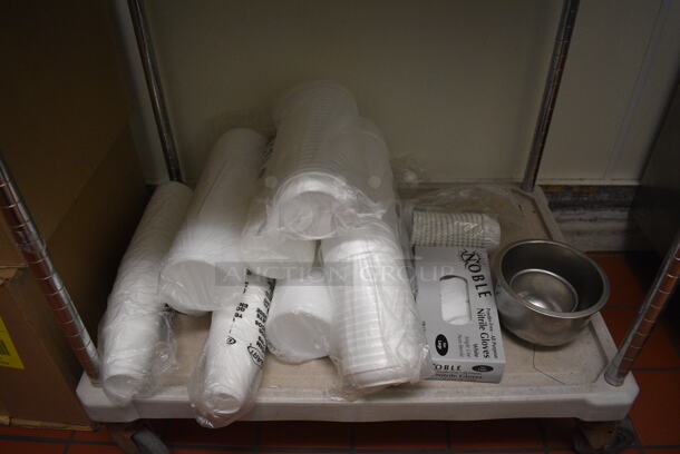 ALL ONE MONEY! Lot of White Poly 2 Tier Cart w/ Push Handle and Various Paper Products on Commercial Casters. 21x33x35. (drop in bin kitchen) - Image 4 of 6