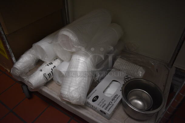 ALL ONE MONEY! Lot of White Poly 2 Tier Cart w/ Push Handle and Various Paper Products on Commercial Casters. 21x33x35. (drop in bin kitchen) - Image 5 of 6