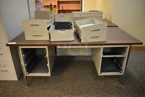 3 Tan Metal 5 Drawer Desks w/ Wood Pattern Desktop. 72x36x29. 3 Times Your Bid! (gift shop)