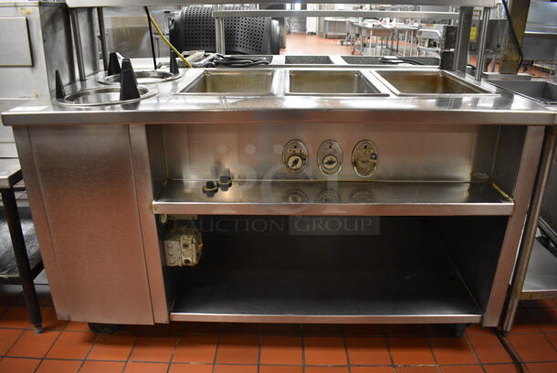 Stainless Steel Commercial Electric Powered 3 Bay Steam Table w/ 2 Plate Return Chutes, Double Over Shelf, 2 Warming Strips and Under Shelf on Commercial Casters. 63x44x64.5. Unit Was In Working Condition When Restaurant Closed. (kitchen) - Image 6 of 8