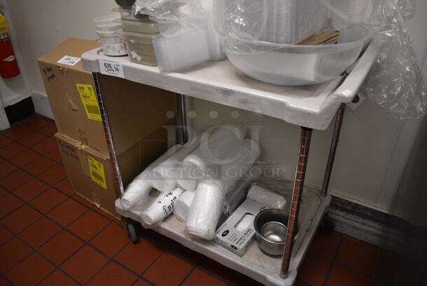 ALL ONE MONEY! Lot of White Poly 2 Tier Cart w/ Push Handle and Various Paper Products on Commercial Casters. 21x33x35. (drop in bin kitchen) - Image 6 of 6