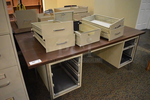 3 Tan Metal 5 Drawer Desks w/ Wood Pattern Desktop. 72x36x29. 3 Times Your Bid! (gift shop) - Image 2 of 5