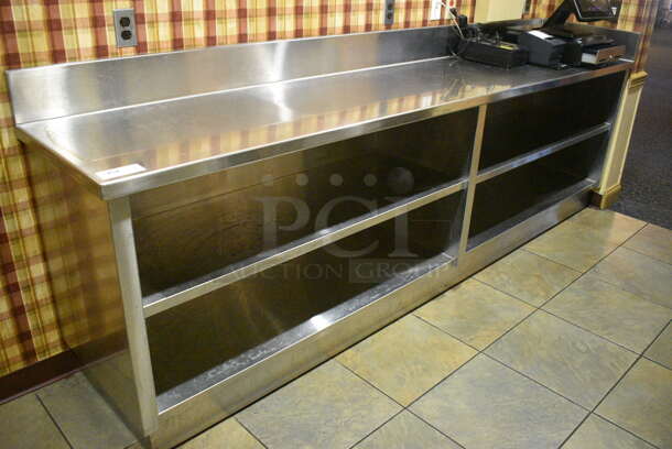 Stainless Steel Commercial Counter w/ Back Splash, Side Splash Guard and 2 Under Shelves. Does Not Include Contents. BUYER MUST REMOVE. 118x24x42. (buffet - drink station)