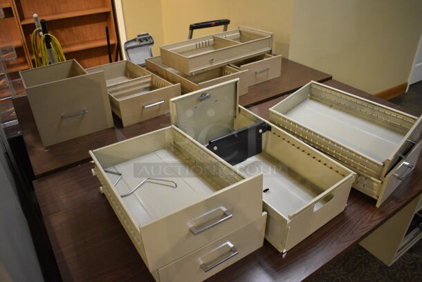 3 Tan Metal 5 Drawer Desks w/ Wood Pattern Desktop. 72x36x29. 3 Times Your Bid! (gift shop) - Image 3 of 5