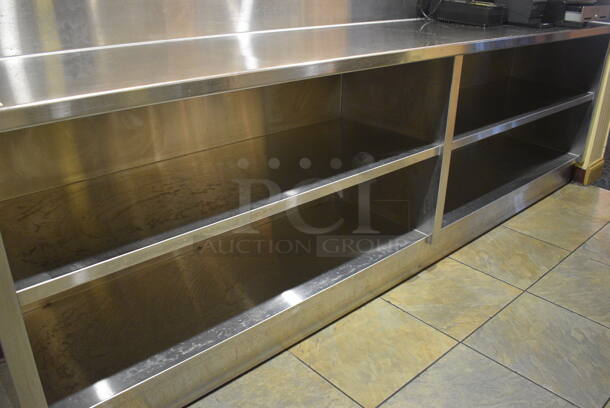 Stainless Steel Commercial Counter w/ Back Splash, Side Splash Guard and 2 Under Shelves. Does Not Include Contents. BUYER MUST REMOVE. 118x24x42. (buffet - drink station) - Image 2 of 4