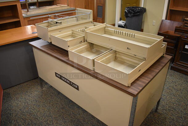3 Tan Metal 5 Drawer Desks w/ Wood Pattern Desktop. 72x36x29. 3 Times Your Bid! (gift shop) - Image 4 of 5