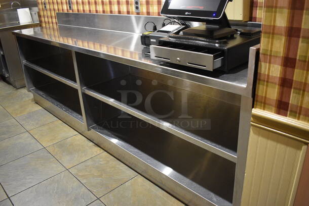 Stainless Steel Commercial Counter w/ Back Splash, Side Splash Guard and 2 Under Shelves. Does Not Include Contents. BUYER MUST REMOVE. 118x24x42. (buffet - drink station) - Image 4 of 4
