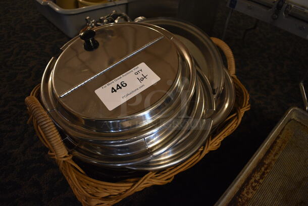 ALL ONE MONEY! Lot of Metal Round Center Hinge Lids in Basket! 11.5x11.5x1.5. (main dining room) - Image 2 of 3