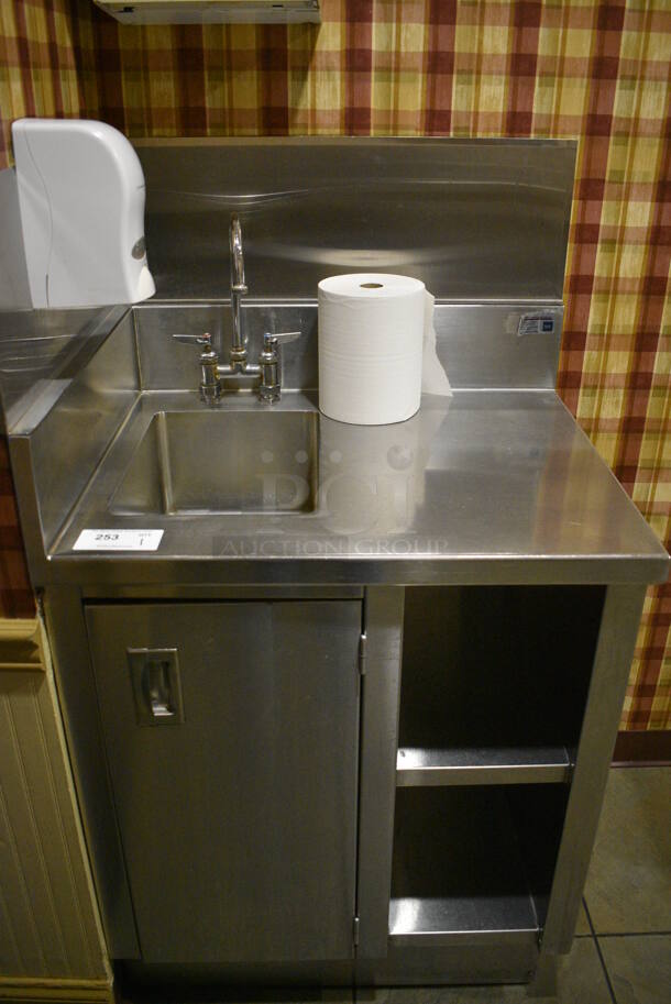 Stainless Steel Commercial Counter w/ Sink Basin, Faucet, Handles, Back Splash, Side Splash Guard and 2 Under Shelves. Does Not Include Contents. BUYER MUST REMOVE. 30x24x53. (buffet - drink station) - Image 1 of 5