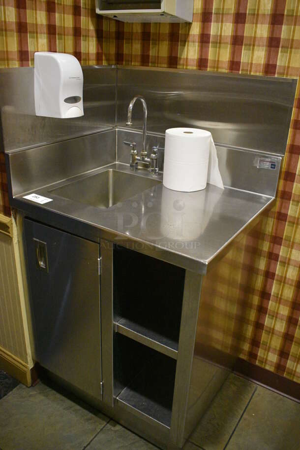 Stainless Steel Commercial Counter w/ Sink Basin, Faucet, Handles, Back Splash, Side Splash Guard and 2 Under Shelves. Does Not Include Contents. BUYER MUST REMOVE. 30x24x53. (buffet - drink station) - Image 2 of 5