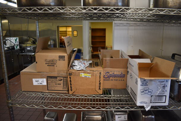 ALL ONE MONEY! Lot of 6 Boxes of Various Packages of Ketchup, Honey Mustard, Sweet N Low, Splenda, Brown Mustard and Baking Cups! (drop in bin kitchen)