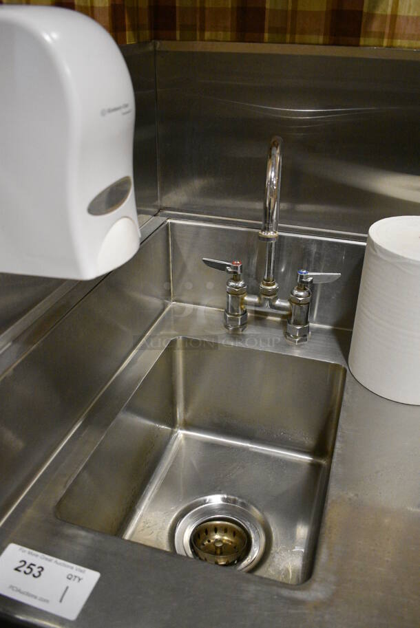 Stainless Steel Commercial Counter w/ Sink Basin, Faucet, Handles, Back Splash, Side Splash Guard and 2 Under Shelves. Does Not Include Contents. BUYER MUST REMOVE. 30x24x53. (buffet - drink station) - Image 3 of 5