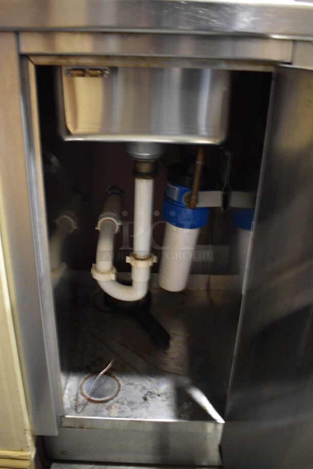 Stainless Steel Commercial Counter w/ Sink Basin, Faucet, Handles, Back Splash, Side Splash Guard and 2 Under Shelves. Does Not Include Contents. BUYER MUST REMOVE. 30x24x53. (buffet - drink station) - Image 4 of 5
