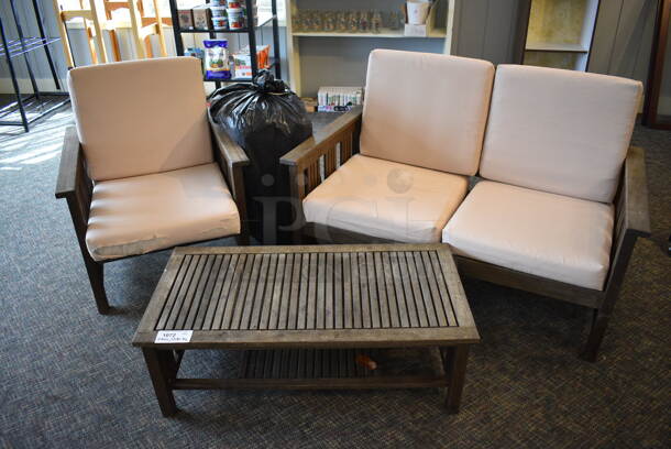 ALL ONE MONEY! Lot of Bench, Chair, Table and Cushions! Includes 51x29x33. (garden center) 