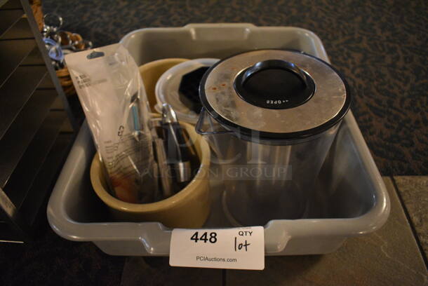 ALL ONE MONEY! Lot of Various Items Including Poly Pitcher and Tan Containers in Gray Poly Bus Bin! 22x17x5. (main dining room) - Image 1 of 4