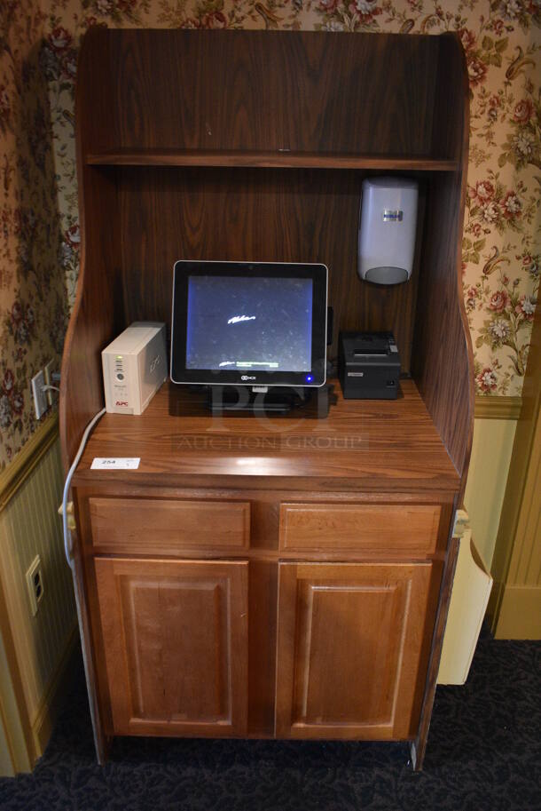 Wooden Cabinet w/ 2 Drawers, 2 Doors and Over Shelf. Does Not Include Contents. 39x26x72. (buffet - drink station)