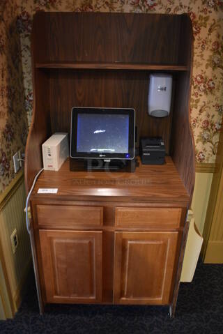 Wooden Cabinet w/ 2 Drawers, 2 Doors and Over Shelf. Does Not Include Contents. 39x26x72. (buffet - drink station)
