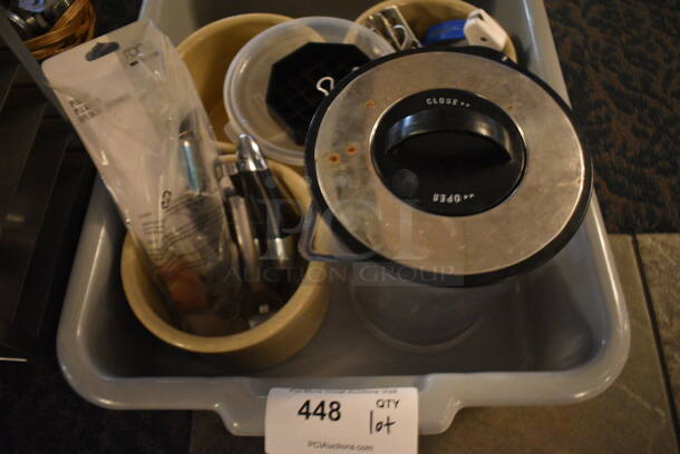 ALL ONE MONEY! Lot of Various Items Including Poly Pitcher and Tan Containers in Gray Poly Bus Bin! 22x17x5. (main dining room) - Image 3 of 4