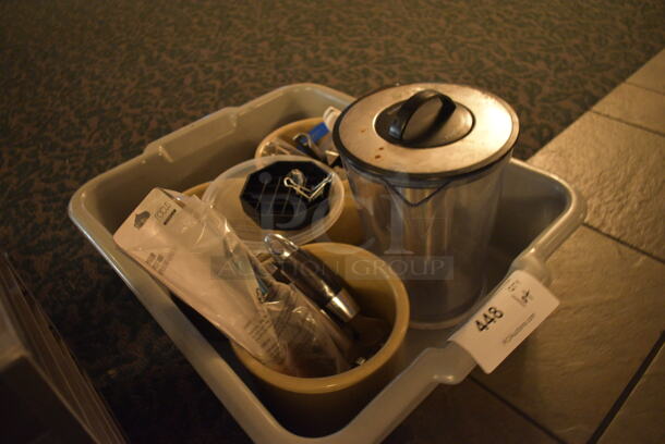 ALL ONE MONEY! Lot of Various Items Including Poly Pitcher and Tan Containers in Gray Poly Bus Bin! 22x17x5. (main dining room) - Image 4 of 4